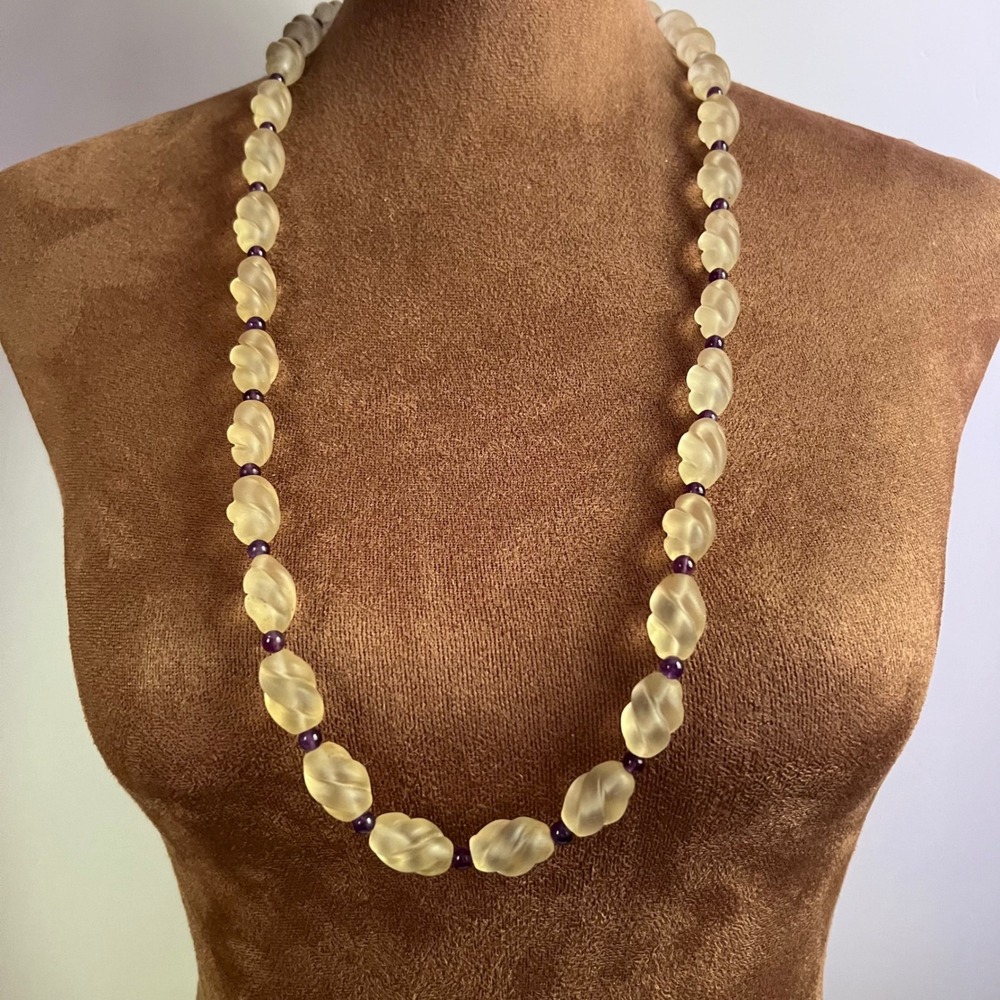 Vintage Frosted Glass Amethyst Beaded Toggle Necklace 31 Inch Cottagecore